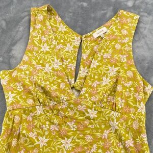 Roark Moonlight Dress Womens Medium Mustard Yellow Floral V-Neck Mini Raw Hem
